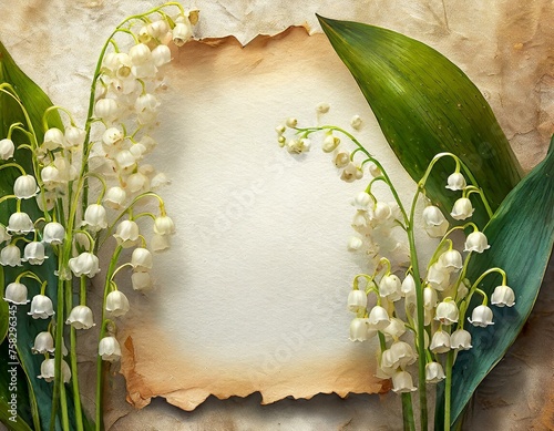 Lilies of the valley surrounding an old, yellowed sheet of paper. Romantic, spring, floral background with space for text