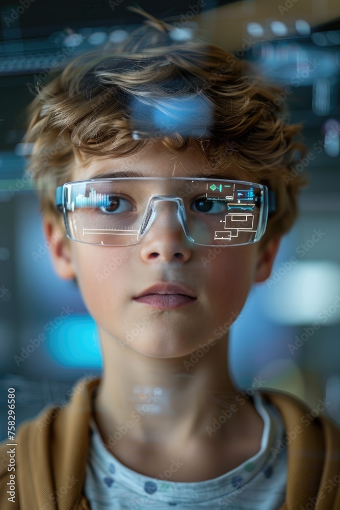 A face of a boy wearing smart glasses A face of a boy wearing smart glasses