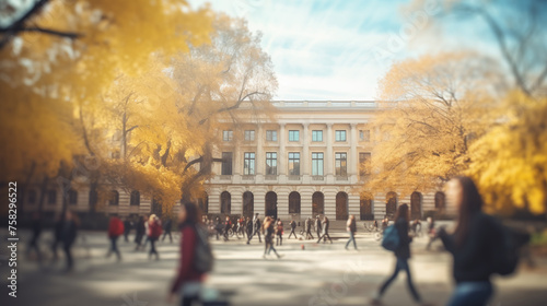 Students are passing by college building which stands amidst golden autumn foliage. Swift movement of the students creates a dynamic blur, conveying the energy of campus life during the fall season