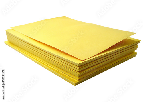 Stack of yellow paper sheets isolated on transparent background.