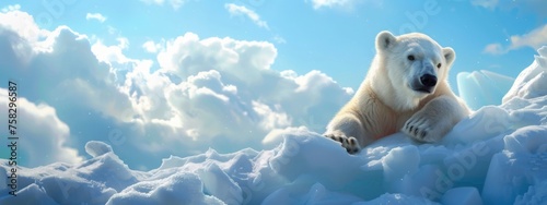 Large polar bear on ice. White bear on snowy background peeks out from a snowy den. Wildlife nature. Melting iceberg and global warming. Climate change concept photo
