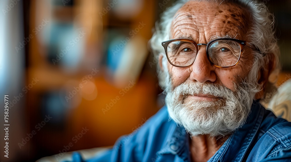 Contemplative Elderly Man With A White Beard And Glasses In A Blue Shirt