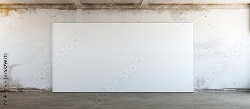 A rectangular whiteboard made of composite material is hanging on a hardwood wall in an empty room with glass flooring, casting shades of different tints photo