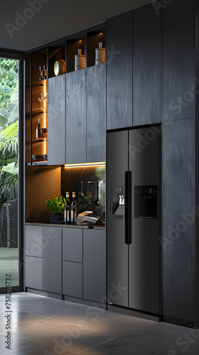 An elegant kitchen featuring black cabinetry and a sleek stainless steel refrigerator  complemented by a gas stove and wood flooring