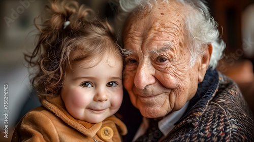 Smiling Toddler In A Brown Coat Close To A Smiling Elderly Man With White Hair, Both Sharing