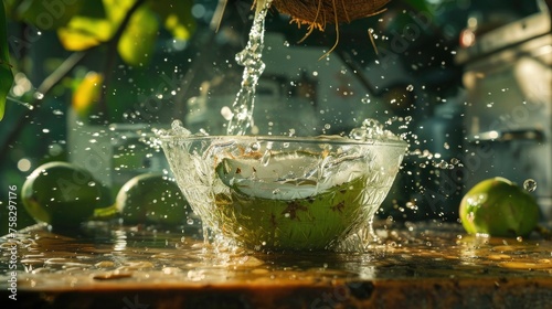 A close-up shot of a young, green coconut being cracked open on a rustic wooden table, with the clear, nutritious coconut water spilling into a glass bowl.