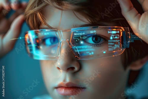 A face of a boy wearing smart glasses photo