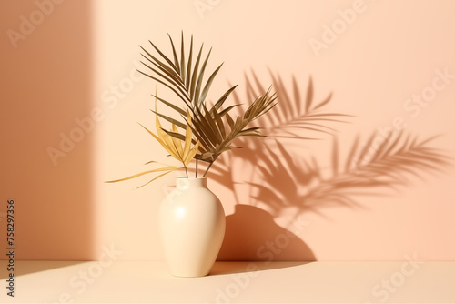 A vase with a with palm leaves stands on a table, providing a natural touch to a presentation