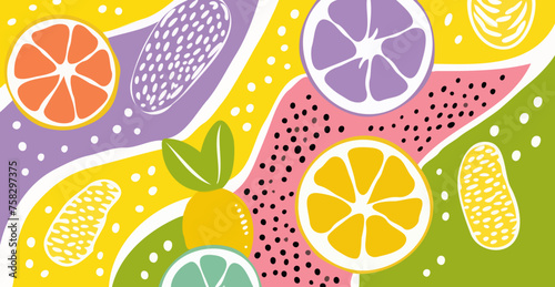 Tropical abstract citrus fruits slice backdrop - groovy light background for card, banner, greeting, promo, web decoration