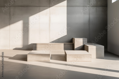Beige bench placed in the center of a room, creating a podium or platform for presentations.