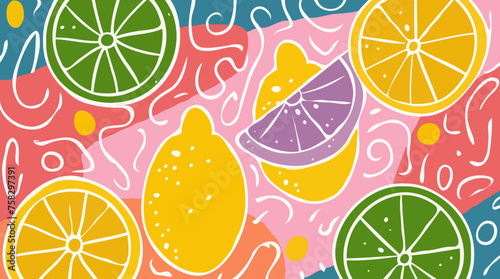 Tropical abstract citrus fruits backdrop - groovy light background for card, banner, greeting, promo, web decoration