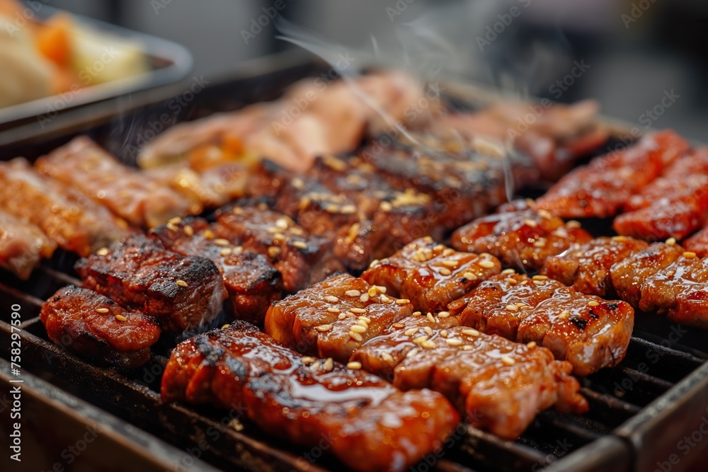Detailed view of meat cooking on a grill, showcasing Yakiniku Assorted dish preparation.