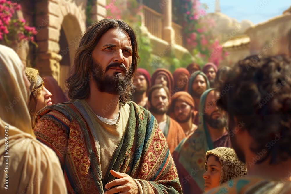 Fototapeta premium Jesus teaches a crowd of followers with compassion and authority.