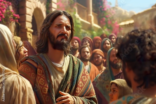 Jesus teaches a crowd of followers with compassion and authority.