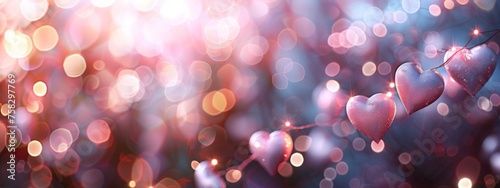 Blurred glittering hearts and lights. Gradient pink and purple abstract backdrop. Romantic and love concept. Valentines day background for design greeting card, banner, flyer, poster