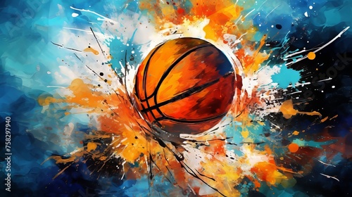 Basketball with splashes of watercolor paint on a green background. Ai generative. © viking75