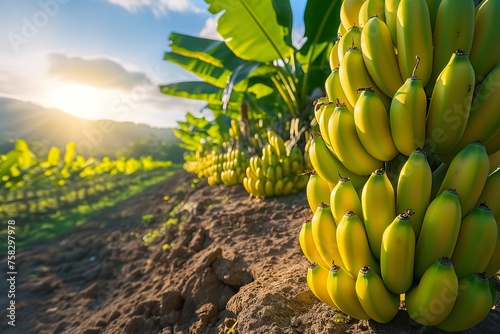 A bunch of bananas hangs from a tree in a rural plantation setting.