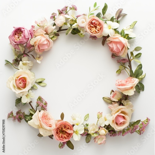 A wreath made of pink and white flowers, displayed elegantly against a clean white background.