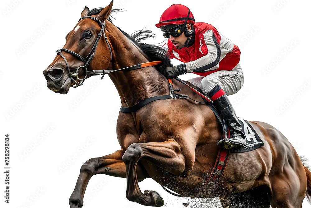 Fototapeta premium A man in jockey attire riding on the back of a brown horse isolated on a white background.