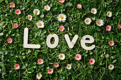 White love text on green floral background