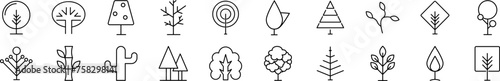 Bundle of linear symbols of deciduous, coniferous and tropical trees. Editable stroke. Linear symbol for web sites, newspapers, articles book