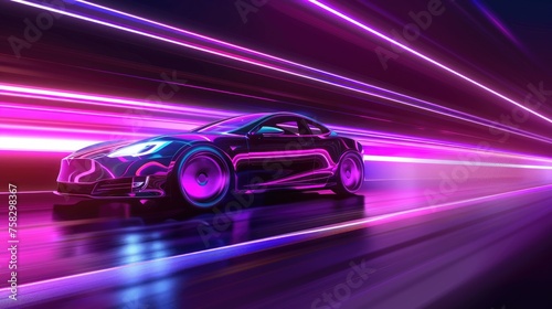 Purple neon glowing in the dark electric car on high speed running concept. © Lubos Chlubny