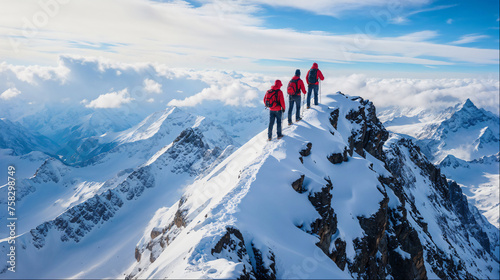 Mountaineers at the top of the mountain drone photography