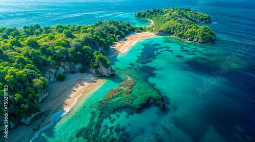 A vibrant aerial shot of a secluded beach and forest. Great for travel brochures  posters  environmental conservation pieces  and tranquil wall art.