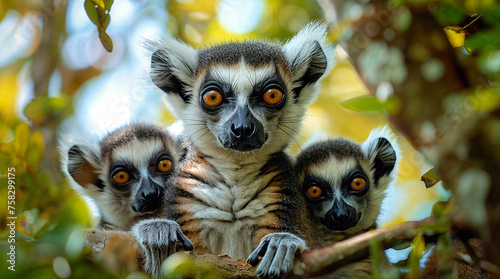 Adorable ring-tailed lemur family on a branch in Madagascar jungle. Perfect for wildlife and conservation themes. 