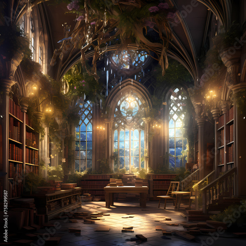 Magical library in a hidden realm. 