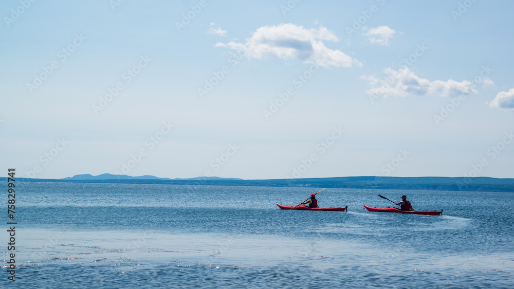 Forillon National Park, Canada - August 28 2018: Kayak and Coastline view of Forillon National Park in Quebec