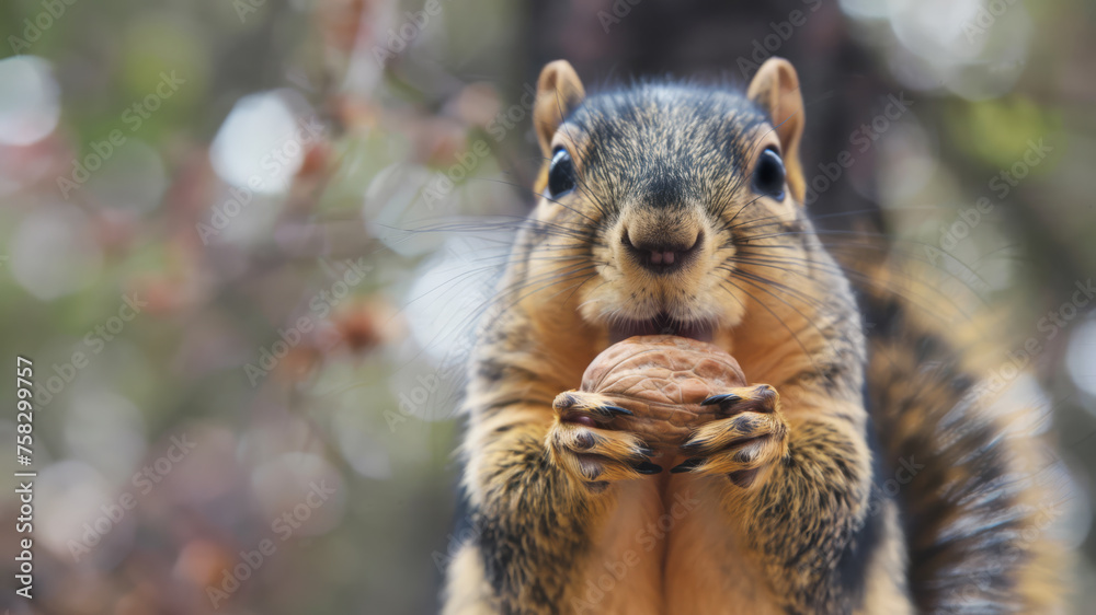 A brown squirrel holding a walnut. A brown squirrel holding a walnut.
