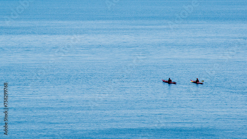 Forillon National Park, Canada - August 28 2018: Kayak and Coastline view of Forillon National Park in Quebec