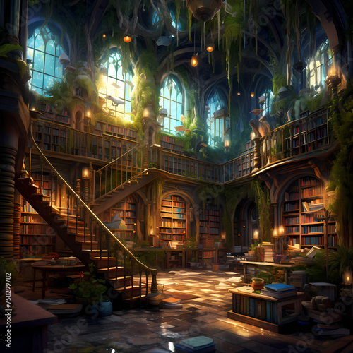 Magical library in a hidden realm. 