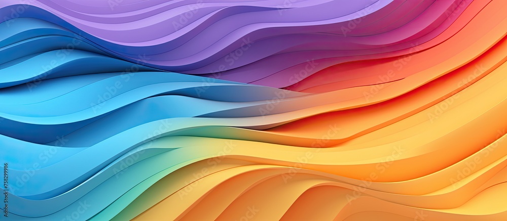 An artistic illustration of a rainbow colored wave on a white background, featuring vibrant shades of pink, magenta, and electric blue. The pattern resembles a petal landscape painting
