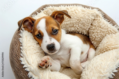 Top view of beautiful puppy lying on soft dog bed in home interior