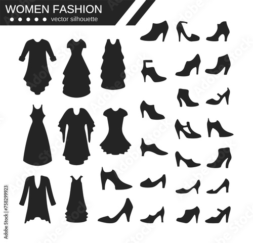 black silhouette object women's dress clothing and high heels,fashion design vector illustration