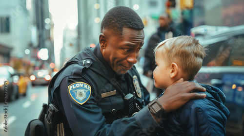 An African American police officer offers compassionate comfort to a young Caucasian boy who was lost in the city , embodying empathy and reassurance in a moment of need photo