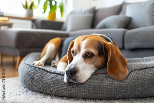 Adorable beagle dog lying on soft dog bed in home interior