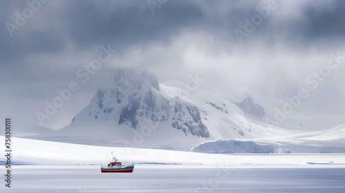 Ujęcie przedstawiające śnieżne nadmorskie pustkowie z uwięzionym w krze niewielkim statkiem
