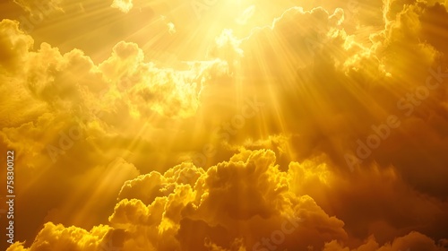 God light. Dramatic golden cloudy sky with sun beam. Yellow sun rays through golden clouds. God light from heaven for God hope and faithful concept. Believe in god. Beautiful sunlight sky background.  photo