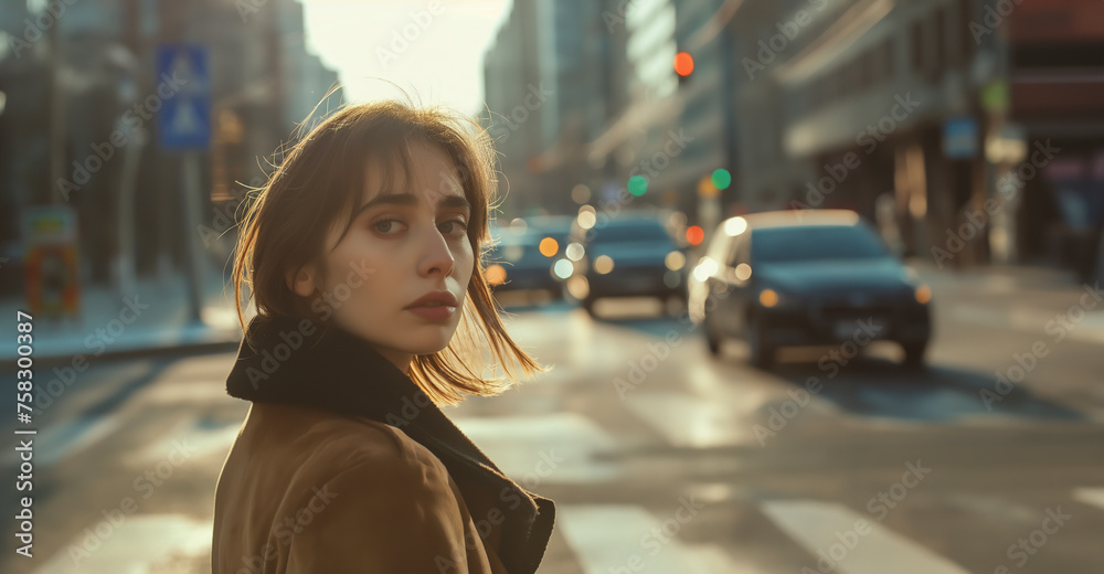 young attractive woman walks across the street in a big city and looks into the camera - Lifestyle and Fashion