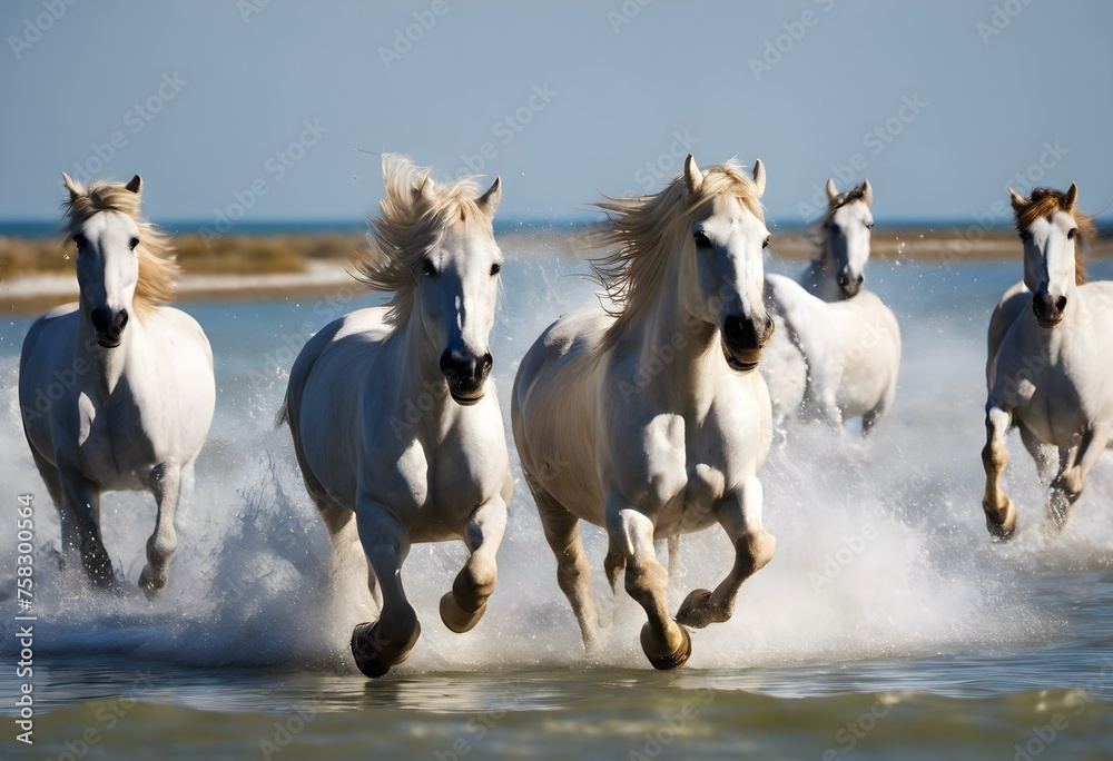 Horses galloping through the sea