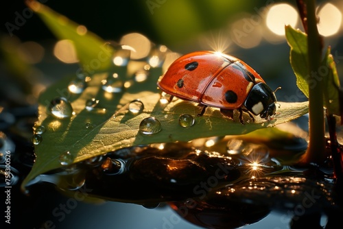 Close-up image of a ladybug on dewy leaf glistening beautifully in the early morning sunlight