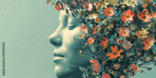 Blooming face with calm emotions, perfect beauty, a feeling of serenity, on a gree background with free space to create