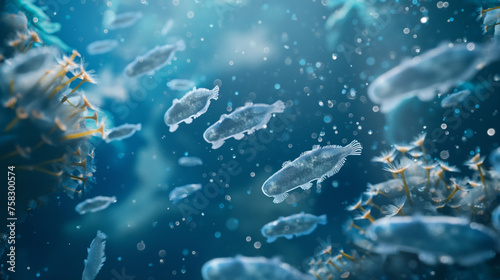 Grafika przedstawiająca niewielkie organizmy unoszące się w błękitnej toni © Kumulugma