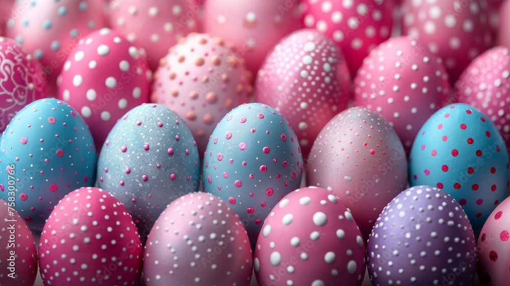 a group of pink and blue eggs sitting next to each other on top of a pile of pink and blue eggs.
