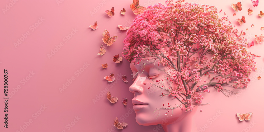 season 3d painting with silhouette face pink art. Tree and flowers, background with free space for place - obrazy, fototapety, plakaty 
