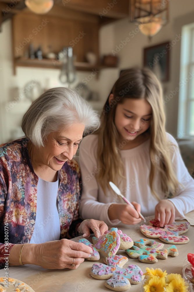 Fototapeta premium Easter family traditions. Loving young grandmother early teaching her happy granddaughter to dye and decorate cookies for Easter holidays as they sit together at the kitchen table.