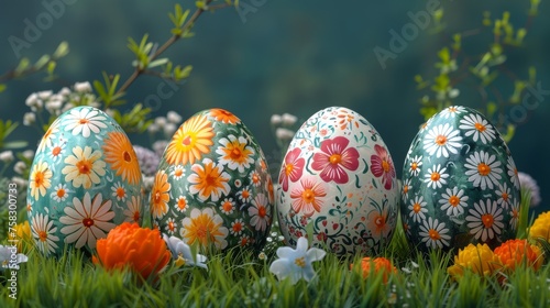 a group of painted eggs sitting on top of a lush green field of grass next to white and orange flowers.